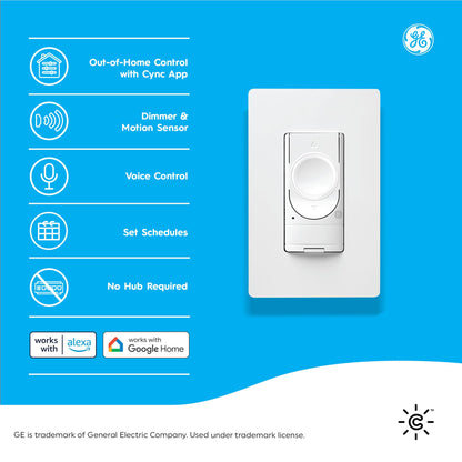 GE CYNC Smart Dimmer Light Switch & Motion Sensor, No Neutral Wire Required, Bluetooth and WiFi 3-Wire Switch, Works with Amazon Alexa and Google Home, White (1 Pack)