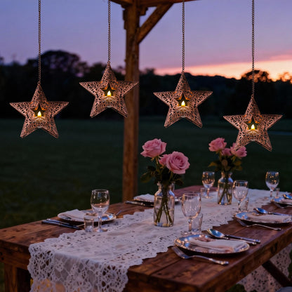 Hanging Solar Lights for Outside Trees, 4 Pack 6-Inch Hanging Star Lantern with Solar Tea Lights Outdoor Waterproof Chandelier, Patriotic Star Lights for 4th of July Decorations Porch Patio Pergolas