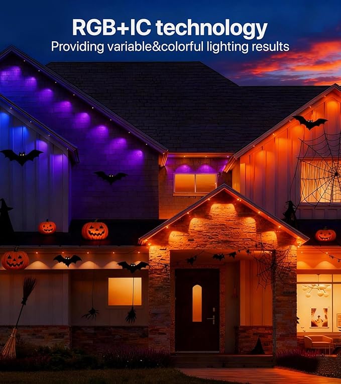 Permanent Outdoor Lights for House: 100FT RGB+IC LED Eave Light with Smart APP & Remote Control, 72 Scene Modes, IP65 Waterproof String Lights-Party, Christmas Decoration(Extension Cord Not Included)