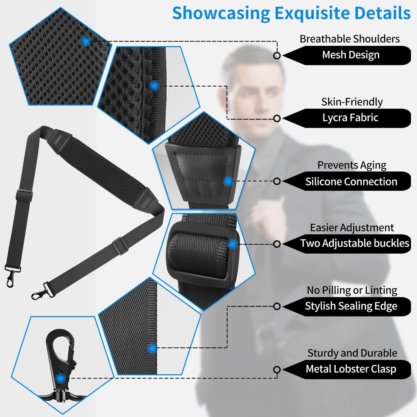 FIEIL 67" Universal Shoulder Strap, Mesh Thick Padded Bag Strap with Double Adjustable Buckles and Metal Hooks, Ideal for Briefcases, Computer Satchels, Crossbody Bags, Luggage(Breathable)