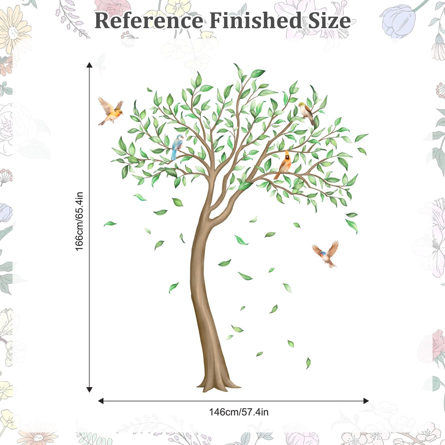 Large Green Tree Wall Decals, Falling Leaves Birds Wall Stickers Vinyl Peel and Stick Wall Decal Self Adhesive Wall Art Sticker for Aisle Bedroom Office Sofa Backdrop Wall Home Decor (W56.7 * H65.4in)