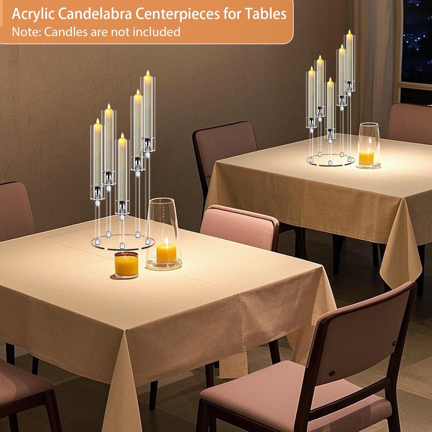 6 Sets 5 Arms Acrylic Candelabra Centerpieces for Tables,Clear Candle Holder for Wedding,Ceremony Dinner Party, 22.8" Tall Candlestick Holders with Lampshade,Fit LED Candle