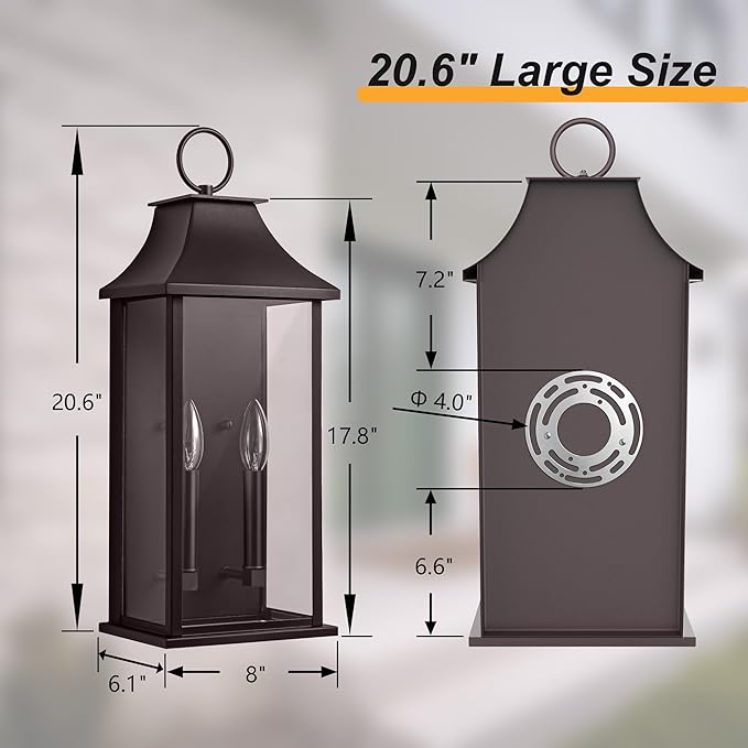 Dusk to Dawn Outdoor Wall Sconces 2-Light, 20.6" Large Outside Wall Sconce, Bronze Wall Light Fixture with Glass, Waterproof Exterior Lamp for House, Porch, Garage