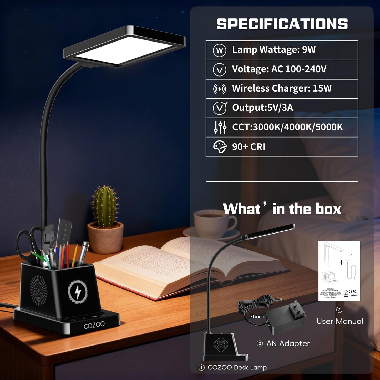 cozoo LED Desk Lamp for Home Office, 15W Bright Desk Light with Wireless Charger Pen Holder, Gooseneck Small Table Lamp for Bedroom, Study, Reading, Work, Task, Craft, College Dorm Room Accessories
