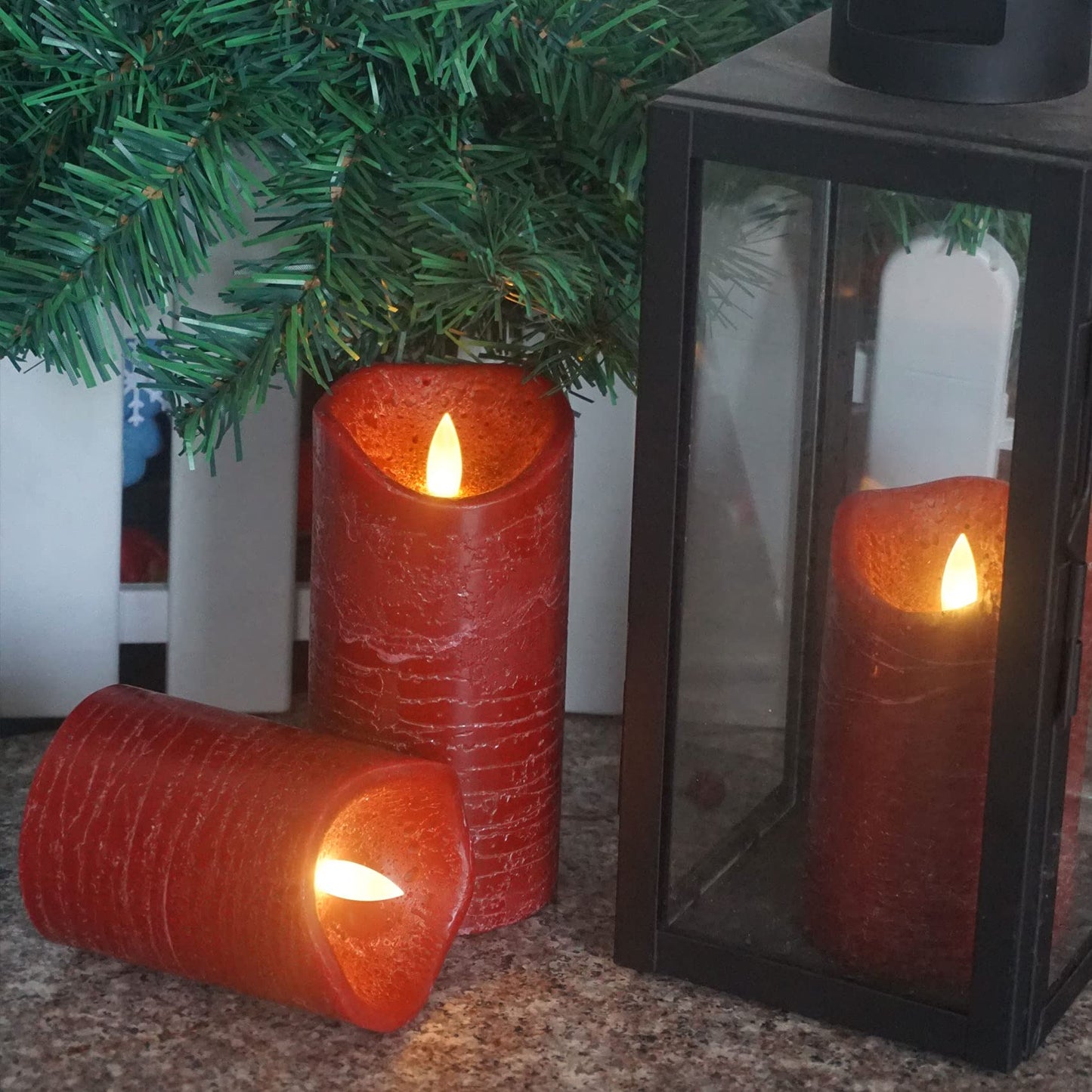 CANDLE CHOICE Real Wax Battery Operated Flameless Candles with Remote Automatic Daily Cycle Timer Realistic Flickering Electric LED Pillars Wedding Party Holiday Decorations 3 Pack Rustic Texture Red
