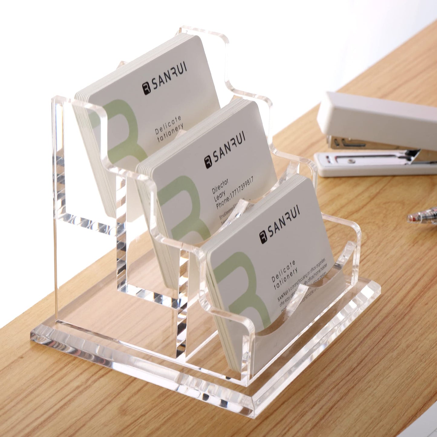 YUXUN Business Card Holder Display for Desk, Clear Acrylic Cards Organizer 3 Tier 3 Slots, Business Card Stand for Men and Women 1 Pack (3 slots) 3slots