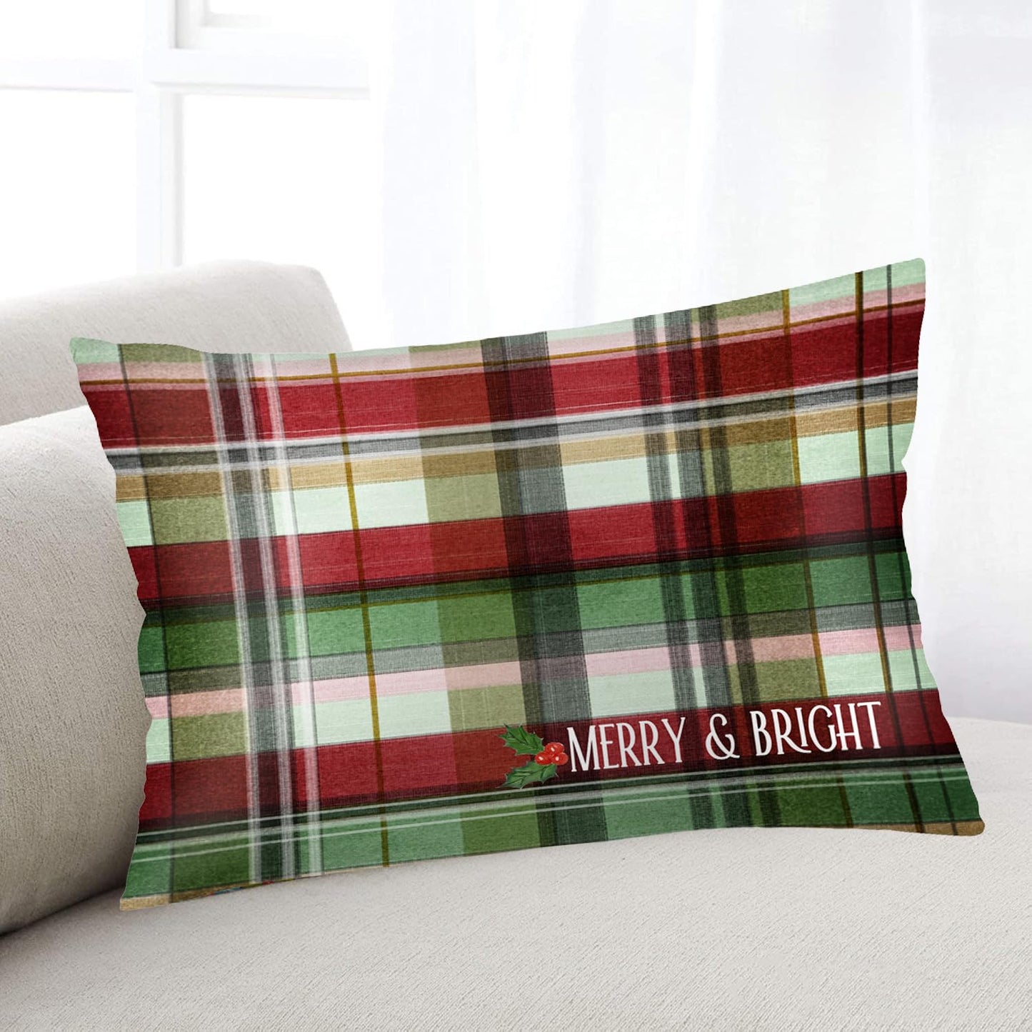 Easternproject Merry & Bright Christmas Buffalo Plaid Checkered Standard Pillowcases 20x26 Inch Double Sided Red Green Scottish Tartan Pillow Case Xmas Holly Berry Sleeping Throw Pillow Covers for Bed