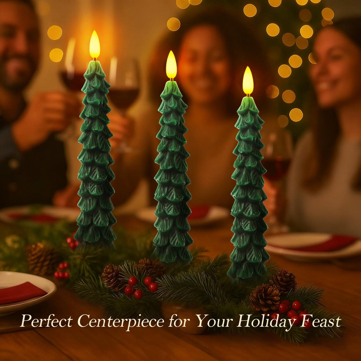 KDVOG 3Pcs Christmas Tree Candles with Remote, Real Wax Flameless Taper Candles,LED Candlesticks Window Candlelights with 3D Flickering Flame for Xmas New Year Home Decorations Gifts 9.7 in