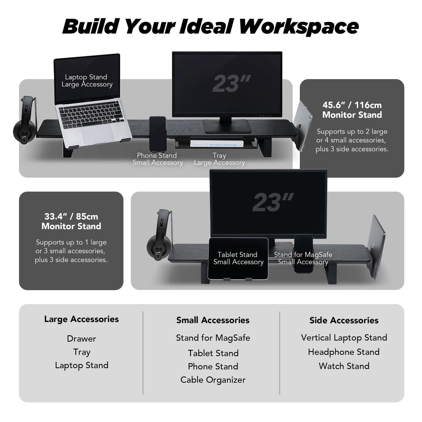 ULTRARM Moodular Wooden Monitor Stand 45.6” (116cm) Large Desk Organizer with Metal Slide Rails for Drawer, Tray, Laptop, Tablet, Phone & Headphones Customizable Riser for Organized Workspace Black