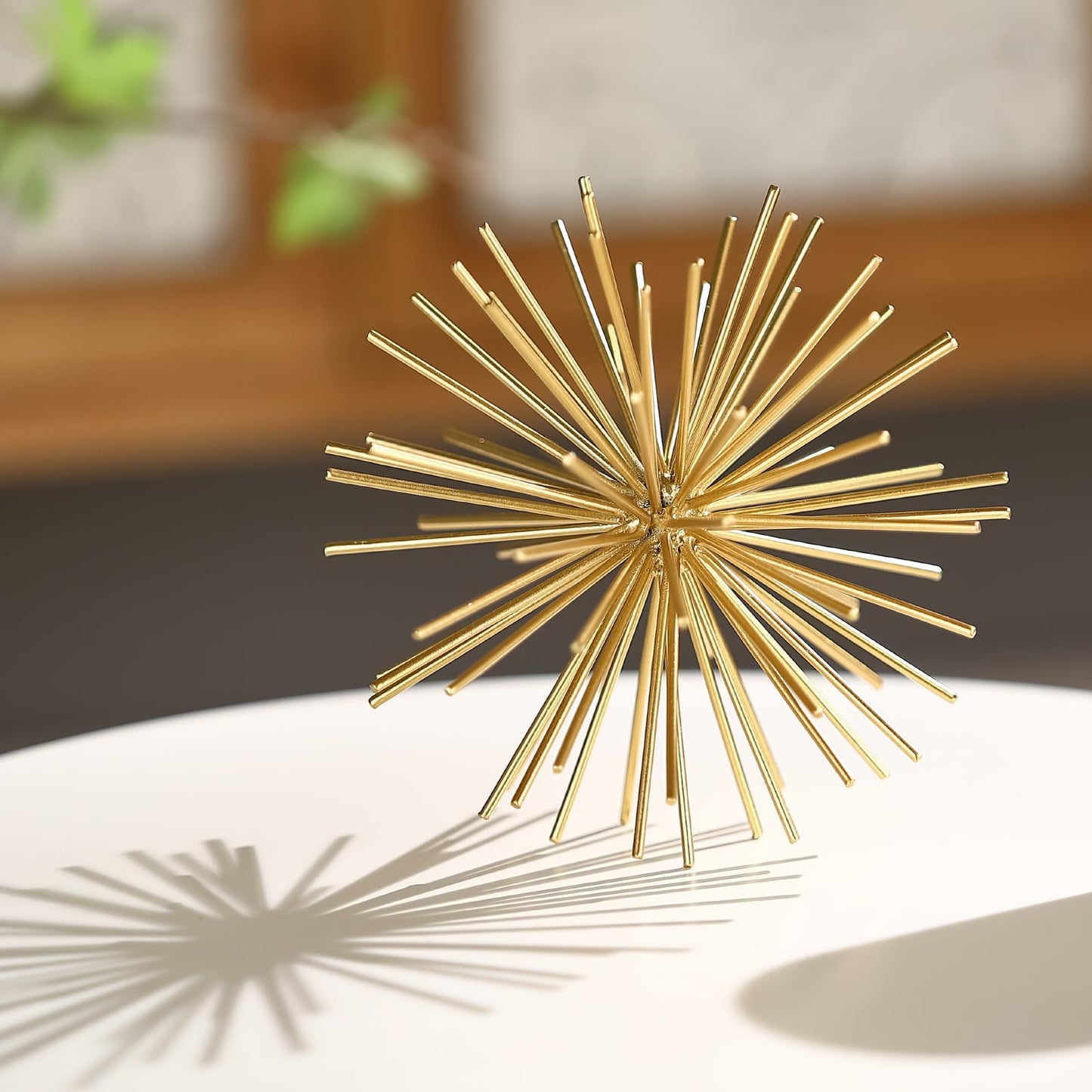 Metal Decorative Starburst Ball, 6 Inch Gold Sphere Decor, Spiky Star Burst Tabletop Sculpture, Mid-Century Modern Metal Spike Ball for Home, Living Room, Office & Shelf Decor