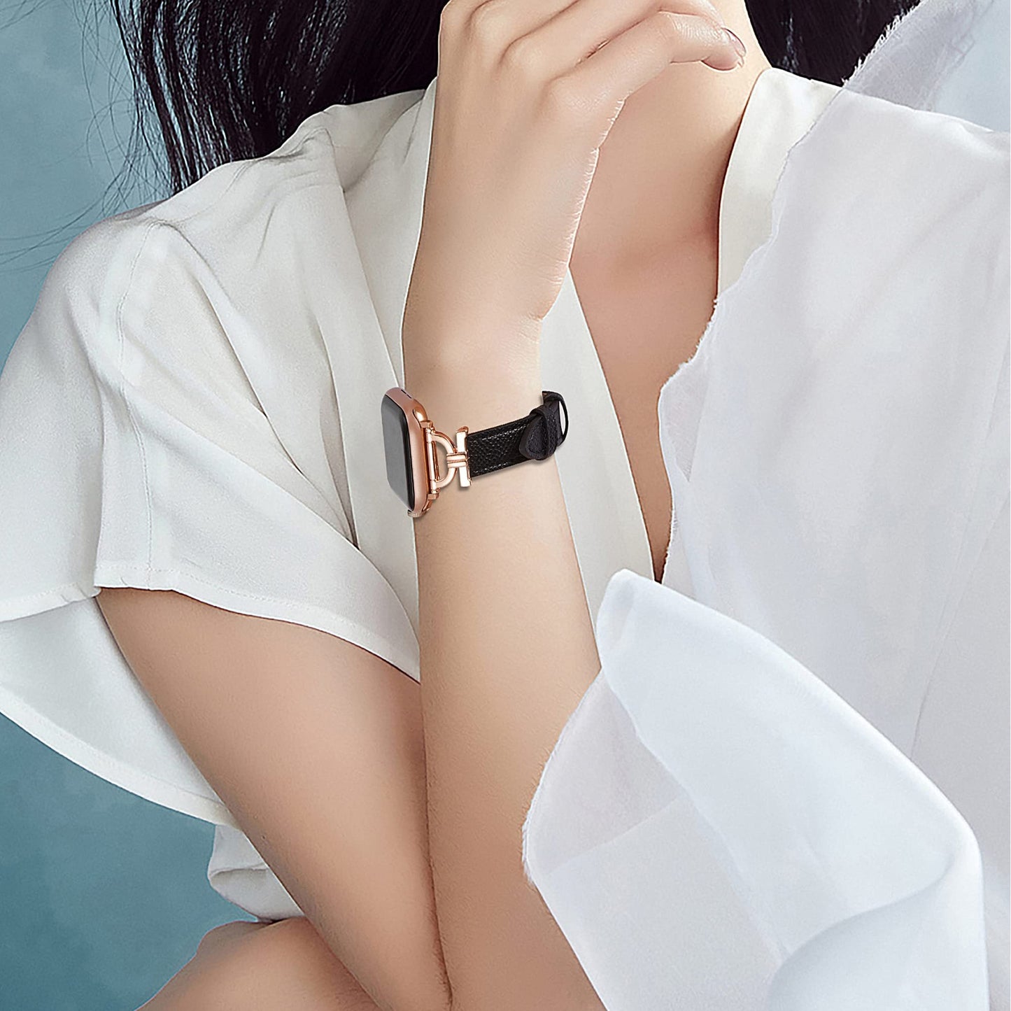Osber Genuine Leather Band Compatible with Apple Watch Women 38mm 40mm 41mm 42mm(S11/S10), Designer Slim Leather Strap with D-Shape Gold Metal Buckle for iWatch Series 11 10 9 8 SE 7 6 5 4 3 2 1, Black
