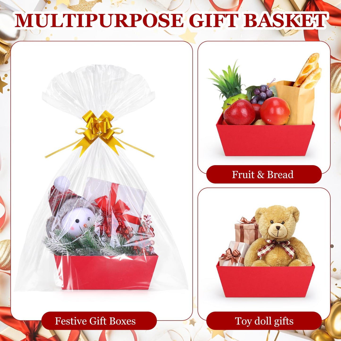 AFOROEOA 6PACK Red Baskets For Gifts Empty, 10x12”Thick Gift Basket with 6Bows 6Bags Empty Gift Baskets for Christmas, Easter, Birthdays, Valentine’s Day Wrapping Gift