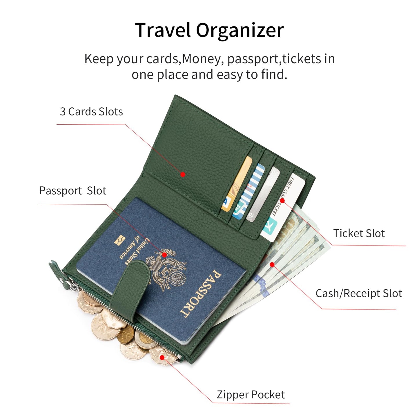 ilovever Passport wallet and Card Slot Combo RFID Blocking Slim Leather Travel Passport Wallet for Men and Women with Zippered Coins Pocket Passport holder, Green