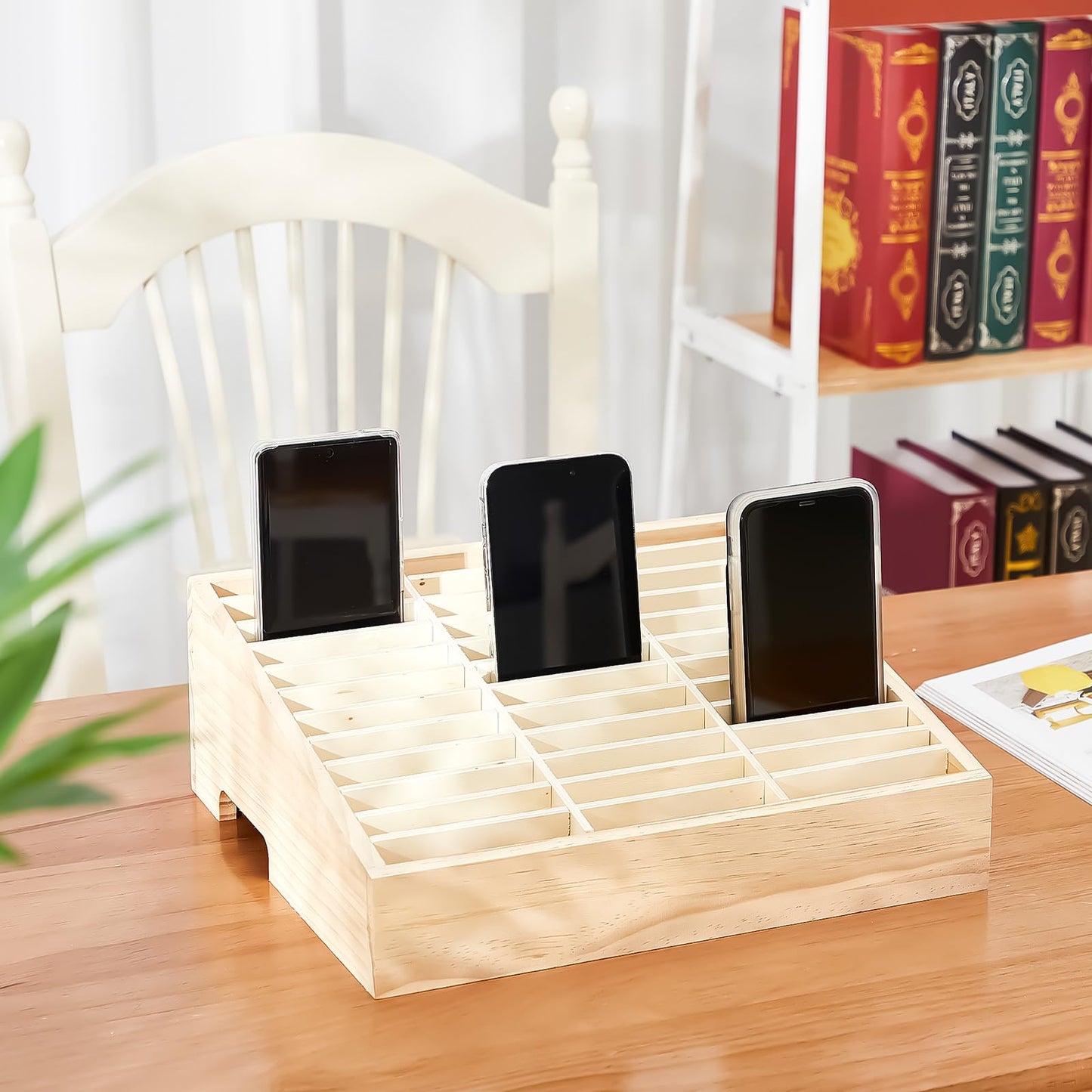 CroBlissful 2 Pcs 36 Grid Wooden Cell Phone Holder Classroom Wood Cell Phones Storage Box Desktop Mobile Phone Organizer for School Classroom Office