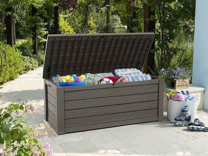 Keter Westwood 150 Gallon Resin Large Outdoor Storage Box for Patio Furniture, Outdoor Cushions, Garden Tools and Pool Floats, Taupe