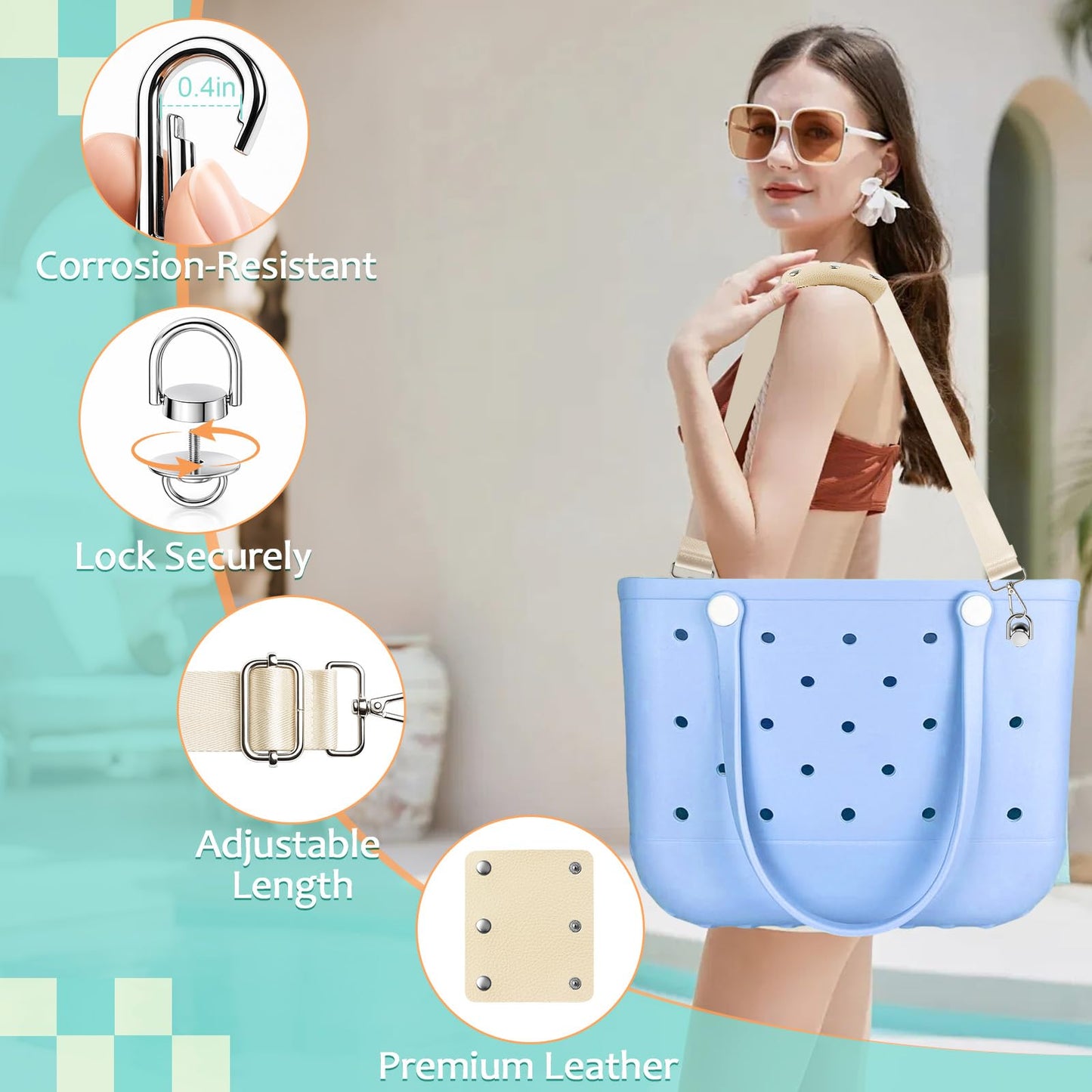 Crossbody Strap for Bogg Bag, Adjustable Shoulder Strap with Sturdy Metal Connectors, Non-Slip Leather Handle Wrap for XL Medium Bog Bag Compatible with Simply Southern& Simple Modern Beach Tote Bag
