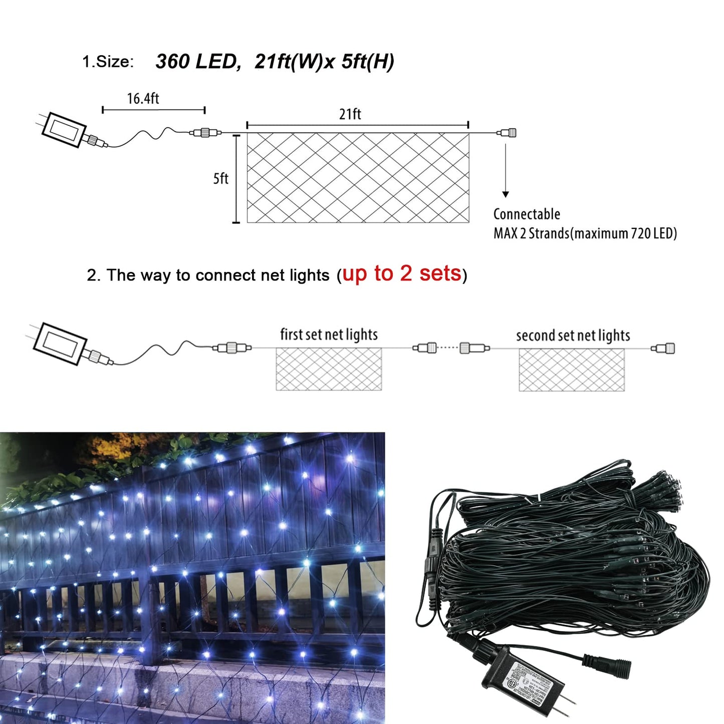 OYCBUZO 360LED Net Lights Outdoor, 21ft x 5ft Connectable String Mesh Lights 8 Modes with Memory Function, Christmas Netting Light Plug in for Bushes Thanksgiving Xmas Tree Party Garden - Cool White