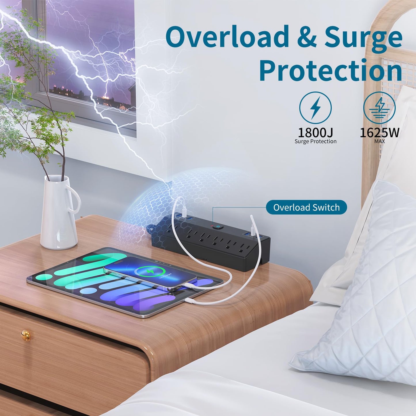 Desk Clamp Power Strip with 40W Fast Charging Station, JXGUCAT 10FT Flat Plug Desk Mount Power Strip Surge Protector, Removable Extension Cord with 2 USB-C Ports 6 Outlets, Fits 1.8" Tabletop Edge