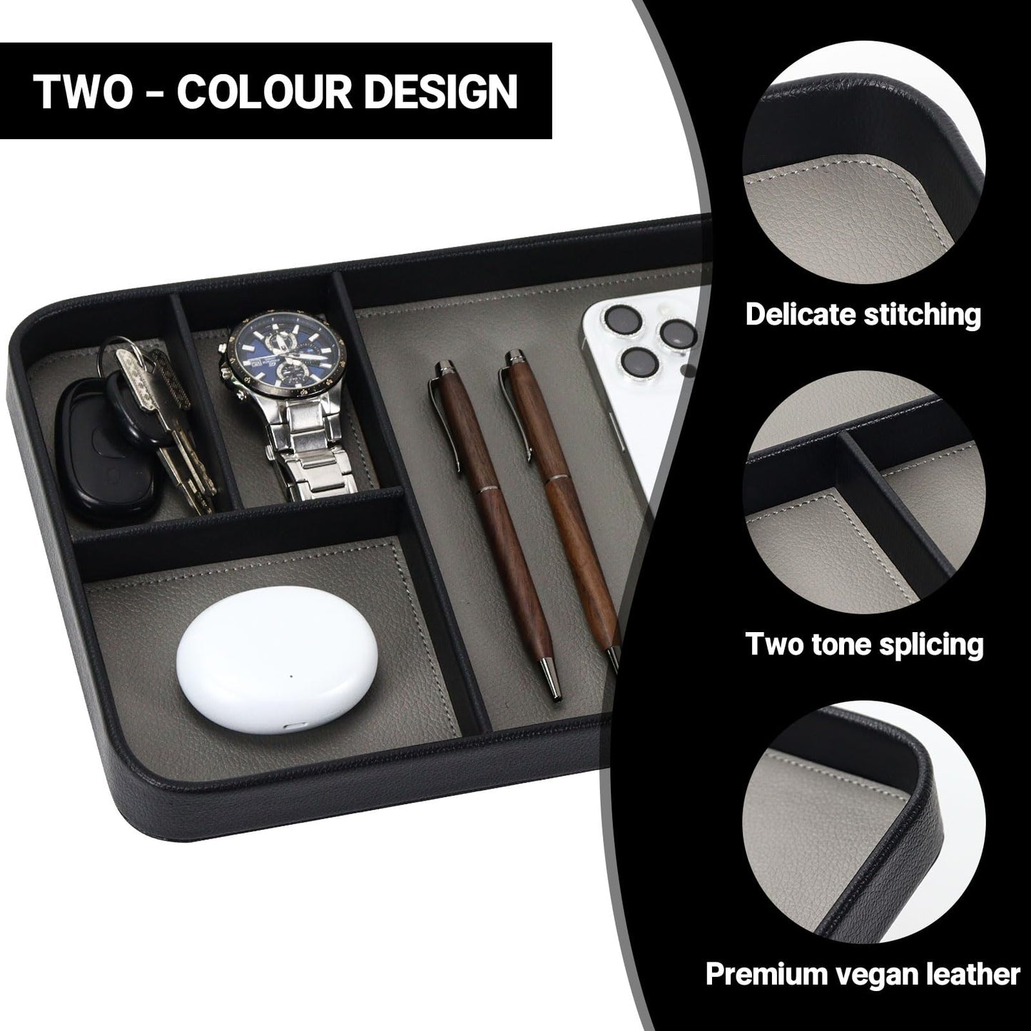 MultiBey Vegan Leather Valet Tray - 4-Compartment EDC Catchall Tray for Nightstand & Entryway Table - Minimalist Desk Organizer for Keys, Wallet, Watch, Phone & Jewelry Black