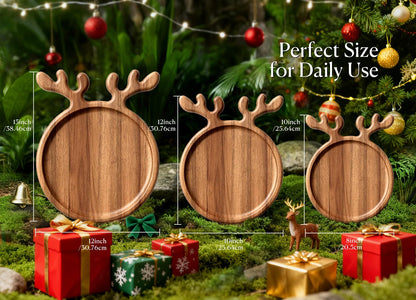 Dofira Acacia Wood Serving Platter, Christmas Decorative Reindeer Antler, 12"x10"Round Wooden Food Dish Display Plate, Charcuterie Board Tray for Cheese Fruit, Kitchen Gift for Mother’s Day (Gift Box)