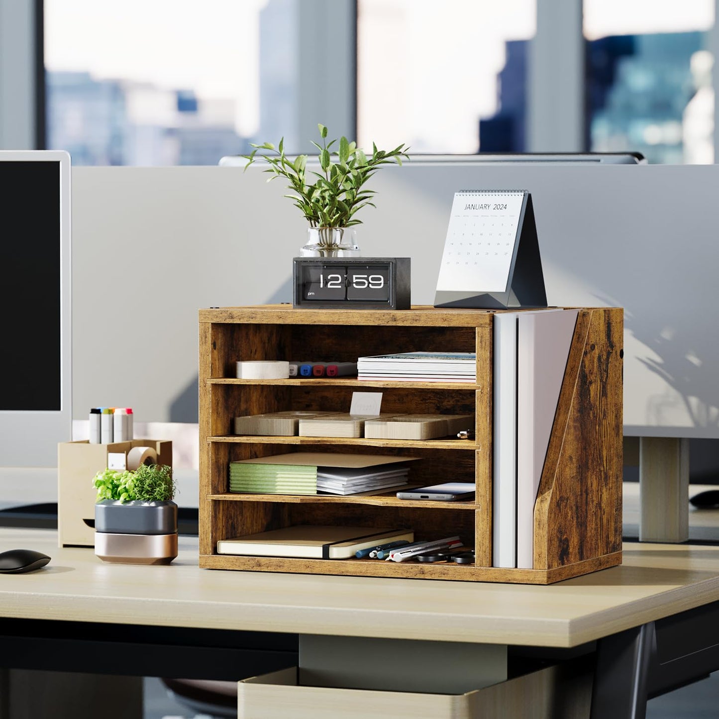 Creso hom Mail Sorter, File Organizer Desktop, Wood Desk Organizer with 3 Adjustable Shelves, Mail Holder for Office, Home, Letter Sorter File Holders for Envelopes, Supplies Magazines, Rustic Brown