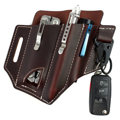 Multitool Sheath for Belt (Premium Leather) - EDC Pocket Organizer | Leatherman Holster | Handmade Leather Multitool Pouch and Pen Holder, Flashlight Sheath, Key Fob Clip by ATQANA® (Extra Dark Brown)