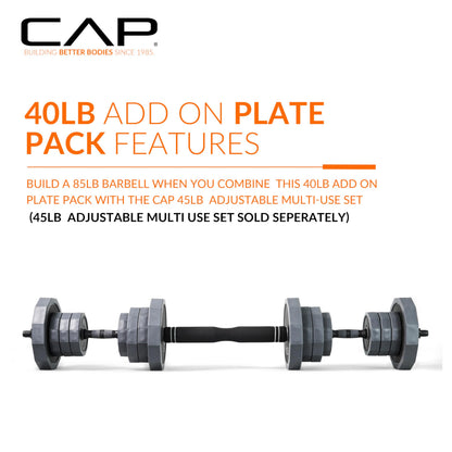 CAP Barbell 40 LB Add-On Plate Pack | Four 10 LB Standard Plates, TPR-Coated Iron Sand Filled Weight Plates | Fits 1-Inch Bars & Adjustable Dumbbell/Barbell Sets