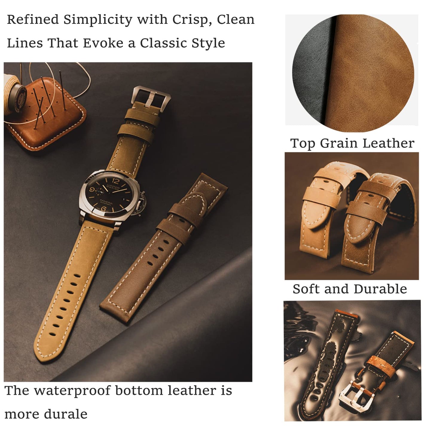 Niziruoup 24mm Leather Watch Bands for Men, Vintage Top Grain Leather Watch Strap Compatible with Panerai Watch Band, Genuine Leather Bracelet Watch Replacement Band, Khaki