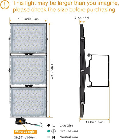 STASUN Flying Series Pro - LED Flood Light Outdoor, 450W 45,000 lumens Stadium Arena Lighting, IP66 Waterproof Exterior Commercial Floodlight, 6000K, 3 Adjustable Heads for Yards, Streets