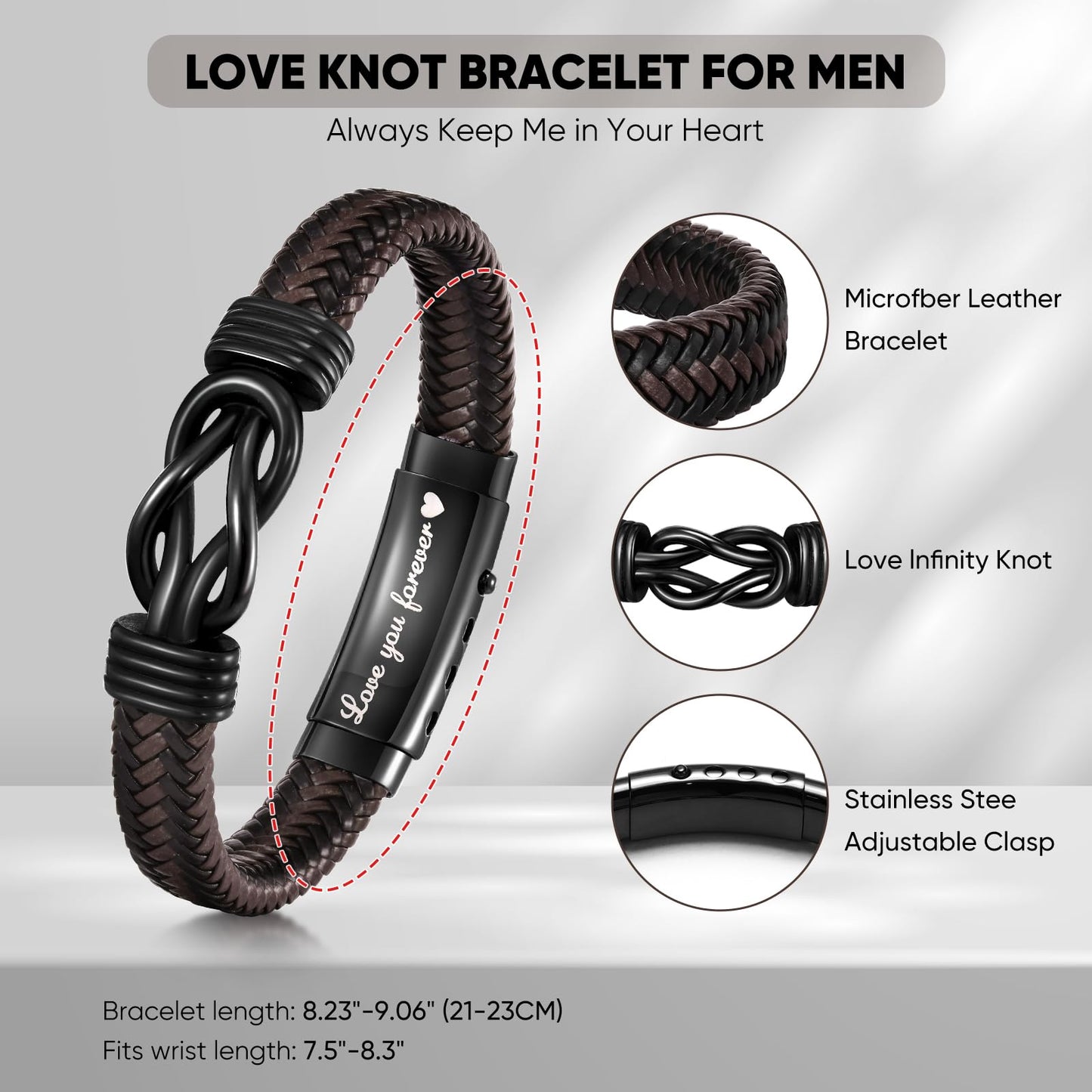 VNOX Love Knot Bracelet - Handmade Braided Leather Bracelet, Brown Leather Cuff, Infinity Knot Gift for Men, Husband, Boyfriend