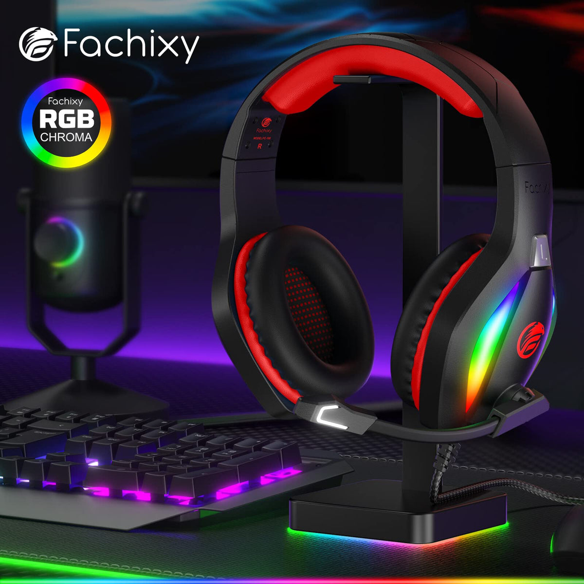 Fachixy FC100 Gaming Headset with Microphone for PS4, PS5, Switch, Xbox, PC, Mac, Gamer Headset with RGB Light, Computer Headphones with Mic