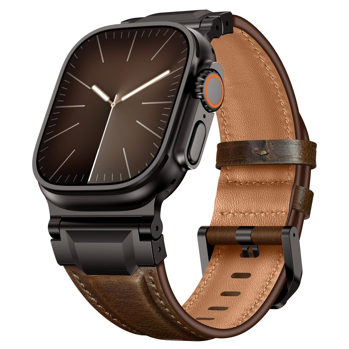 LOIRNBR Leather Bands Compatible with Apple Watch Ultra 3/2/1 Band 49mm 46mm 45mm 44mm 42mm, Genuine Leather Metal Connector Strap for iWatch Ultra Series 11/10/9/8/7/SE/6/5/4/3/2/1, Dark Brown/Black
