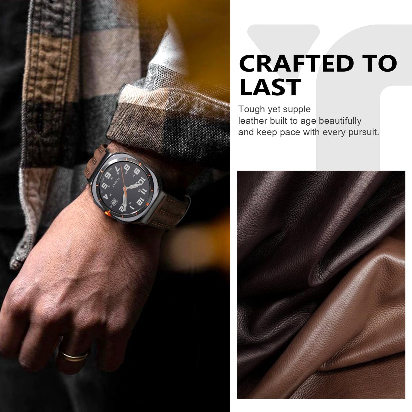 Tlselt Leather Band Compatible with Samsung Galaxy Watch Ultra 47mm(2025/2024), Genuine Leather Rugged Durable Classic Vintage Handcrafted Outdoor Business Travel Gift Samsung Watch Strap for Men