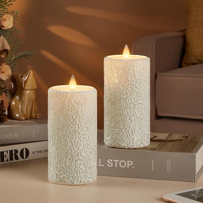 White Cracked Glass Flameless Pillar Candles - 3D Moving Flickering LED, Remote Timer & Battery Operated, Real Wax Interior for Home/Christmas Decor