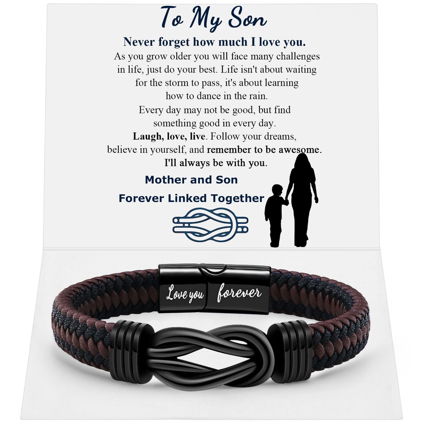 QWNHONEY Gifts for Son from Mom Infinity Knot Leather Birthday Christmas Anniversary Mens Brown Braided Cuff Bracelet 8.5 Inches