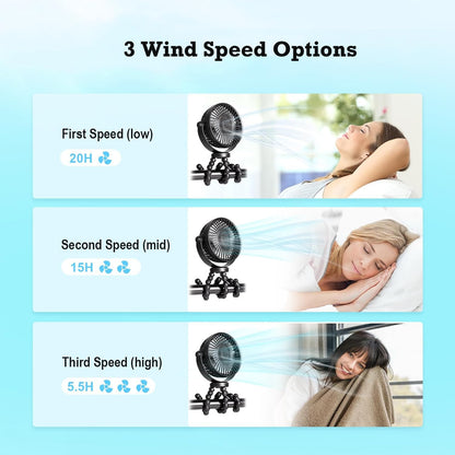Portable Stroller Fan, Battery Operated Small Clip on, 360° Rotate Flexible Tripod, Detachable 3 Speed Rechargeable Baby Handheld USB Desk Cooling for Bedroom Car Seat Crib Treadmill Travel Camping