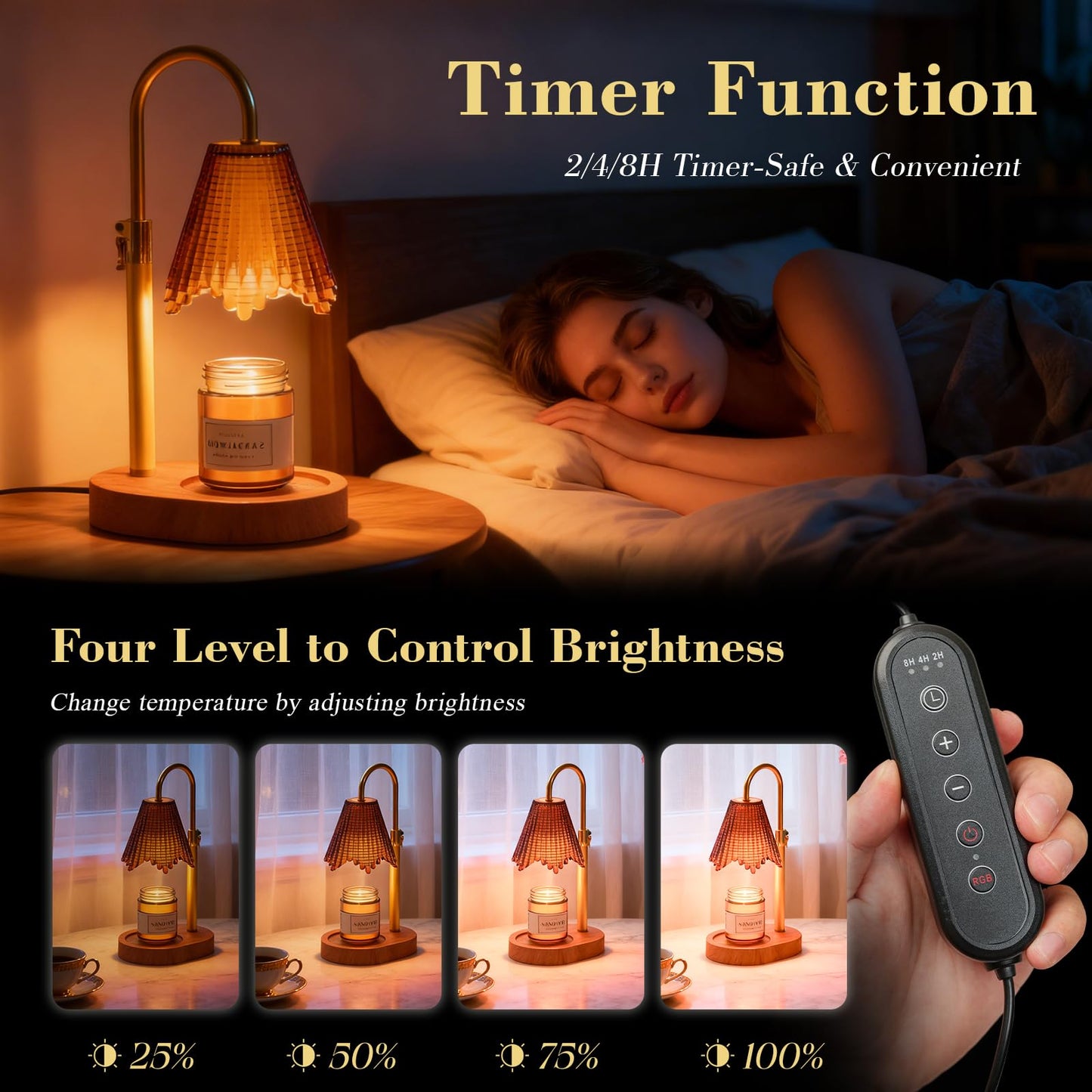 WYghyronic Candle Warmer Lamp with Adjustable Height - Flameless 4-Level Dimmable Wax Warmer with Colorful Glass Shade & Wooden Base, Timer Function & Stylish Design in Multiple Colors (Brown2)