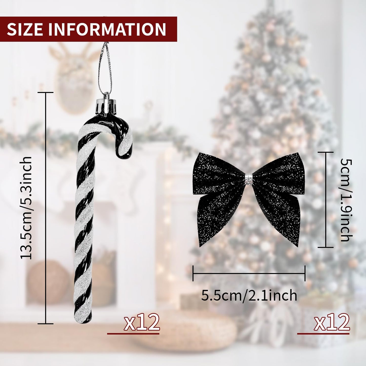 24 Pcs Candy Cane Christmas Decorations,5.5inch Glitter Candy Cane Bows for Xmas Tree Hanging Ornament Holiday Festival Party Home Decoration (Black)
