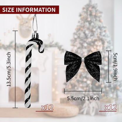 24 Pcs Candy Cane Christmas Decorations,5.5inch Glitter Candy Cane Bows for Xmas Tree Hanging Ornament Holiday Festival Party Home Decoration (Black)