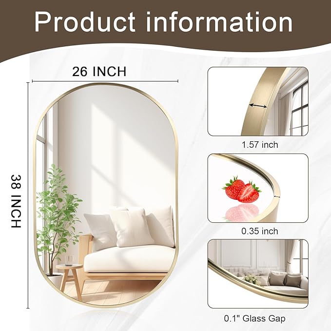 26x38 inch Oval Bathroom Mirror, Gold Vanity Wall Mirror with Brushed Metal Frame, Oval Mirrors for Bathroom, Entryway, Over Sink, Living Room