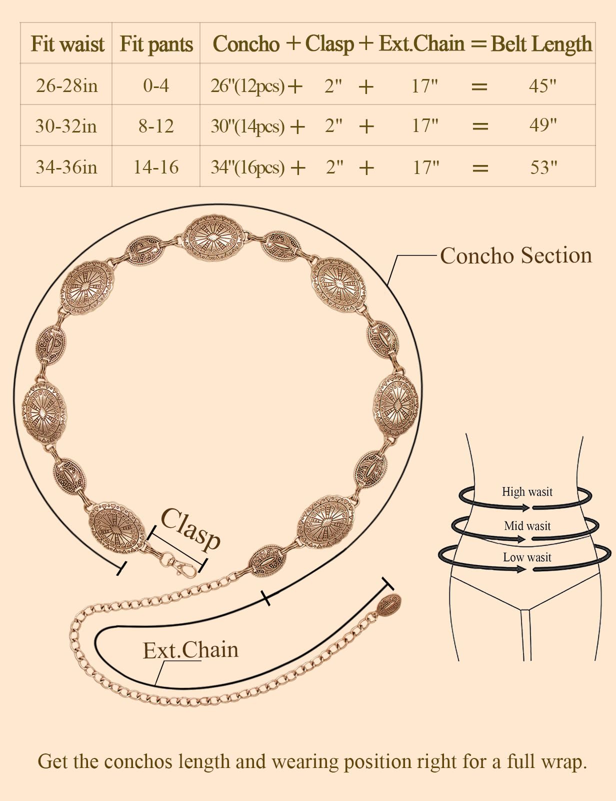 TOPACC Gold Western Belts for Woman Metal Concho Chain Belt Adjustable Cowgirl Belt for Dresses Jeans Boho Country Concert Outfit