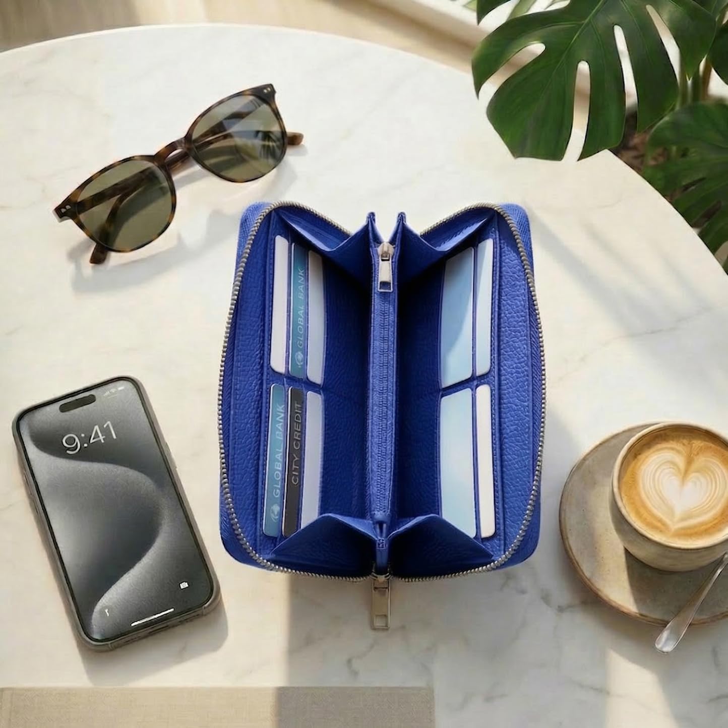 Ayaz Deri Genuine Leather Large Zipper Wallet -16 Card Slots, 2 Cash Compartments, Coin Pocket -Fits Phone -RFID Blocking (Blue)