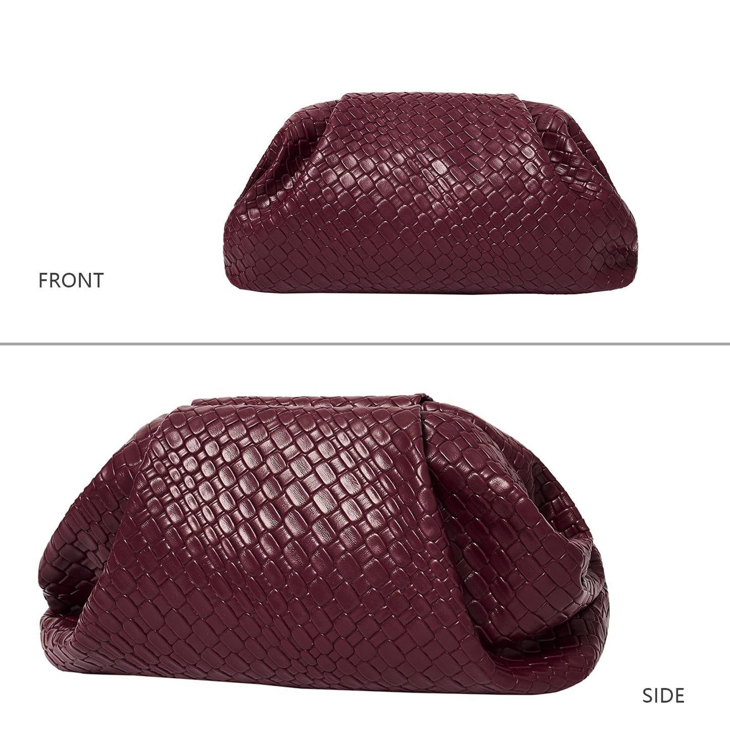 PHILOMENA Women's Woven Evening Bag Vegan Leather Clutch Purse Dumpling Ruched Bag Party Wedding Elegant Handbags (Wine Red)