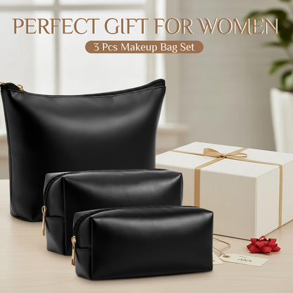 Kigeli 3 Piece Leather Makeup Bag Set Graduation Women Gifts PU Leather Makeup Toiletry Bag Bridesmaid Cosmetic Pouch Small Aesthetic Travel Purse for Wedding Birthday Women Gifts(Black)