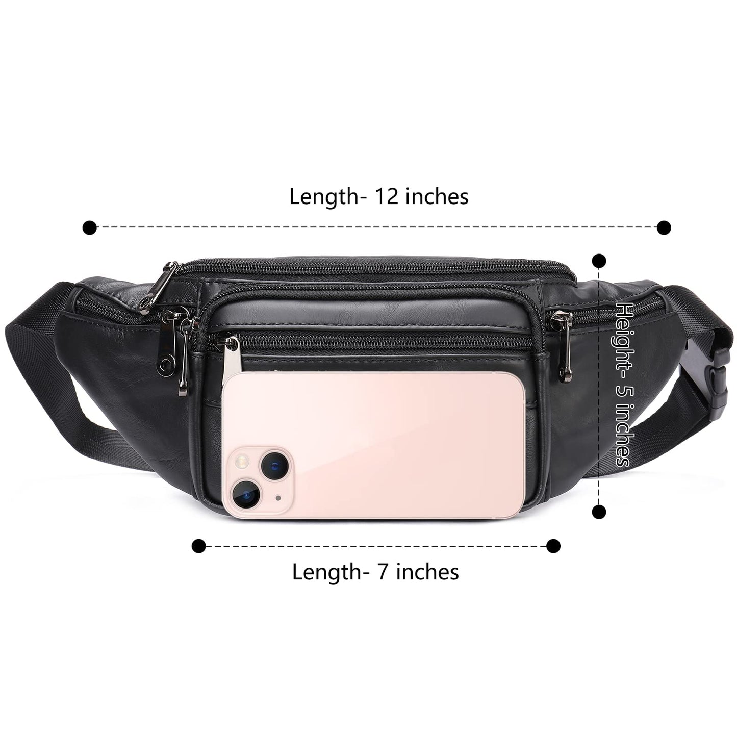 Genuine Leather Fanny Pack HandMade Durable cowhide Waist Bag Lots of Anti-theft zipper pocket Black