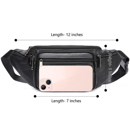 Genuine Leather Fanny Pack HandMade Durable cowhide Waist Bag Lots of Anti-theft zipper pocket Black