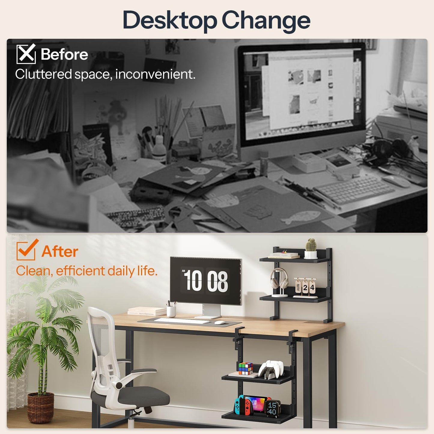 HOOBRO Clamp On Desk Shelf, 2-Tier Desktop Organizer, Space-Saving Desk Shelf with Adjustable Shelves, for Office, Study, Entertainment Accessories, Black BK32SJ01