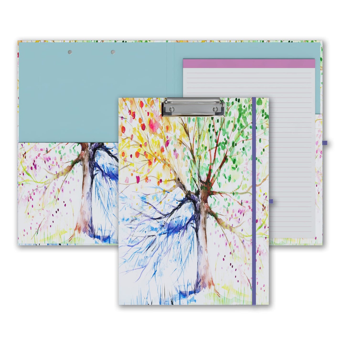 Cute Clipboard Folio with Refillable Lined Notepad and Interior Storage Pocket for Office Stylish A4 Foldable Clipfolio - Tree Seasons