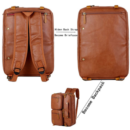 Men Vegan Leather Briefcase Backpack Hybrid 17 Inch Laptop Bag Case Business Messenger bag HB-22 (Brown)