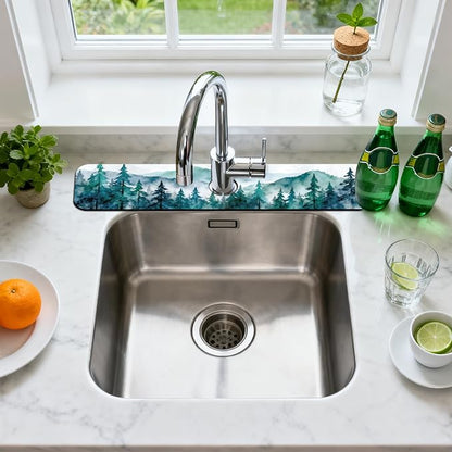 2 Pcs Kitchen Sink Splash Guard Faucet Mats Watercolor Forest Pattern Faucet Mat